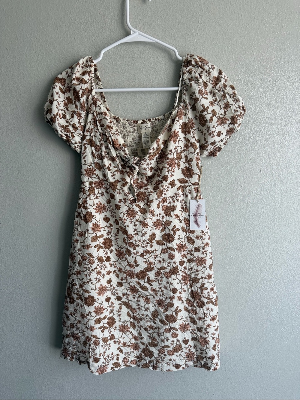 Brown Floral Puff-Sleeve Mini Dress S